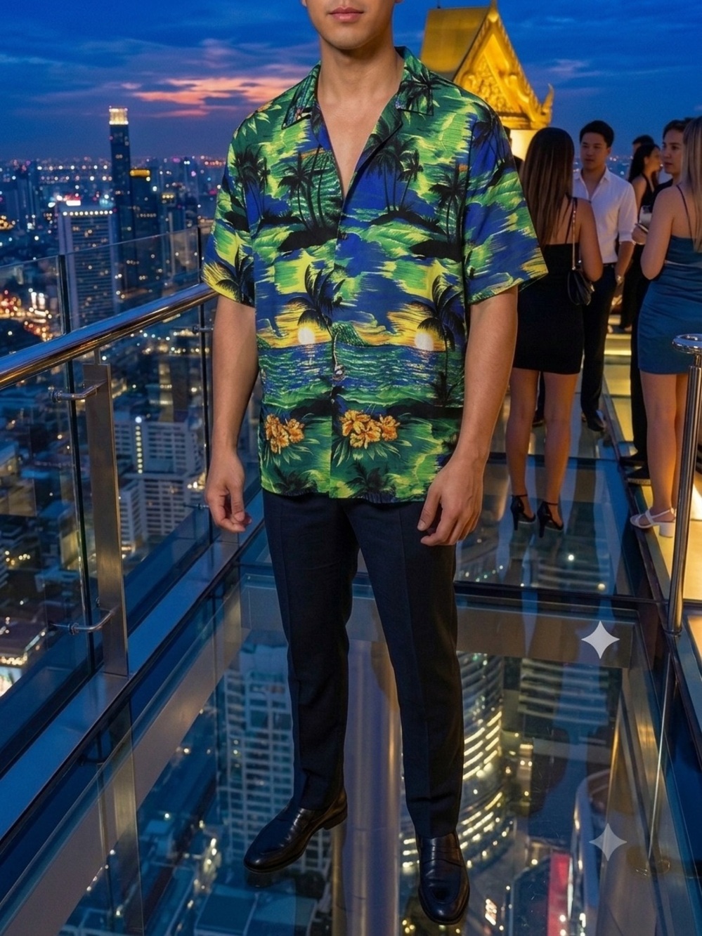 Tropical Sunset Hawaiian Shirt Men’s Green Blue Yellow Size XXL